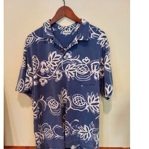 True Grit Mens Traveling Vines Polo Shirt Blue White Floral Pineapple Cotton USA